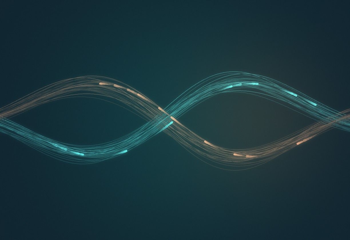 Two streams of light, teal and copper, flowing in opposite directions and exchanging as they cross
