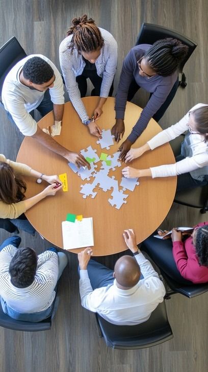 A team around a round table fitting jigsaw pieces together